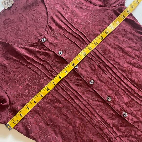 CP Shades Burgundy Button Top Womens Small Pleated V-Neck Tonal Floral Print - Picture 6 of 7